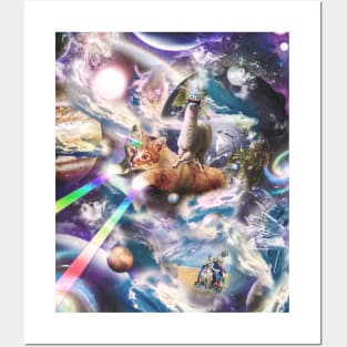 Llama On Rainbow Laser Cat Unicorn In Space Posters and Art